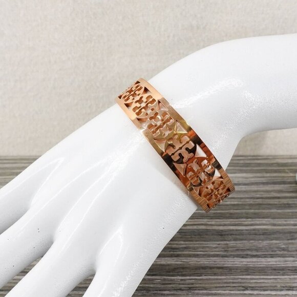 Tory Burch TB Gold Logo Cut out Cuff Bracelet Rose Gold OS - Picture 9 of 12